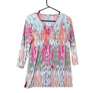 Easyware by Chicos Womens Blouse Multicolor V Neck 3/4 Sleeve Stretch 0
